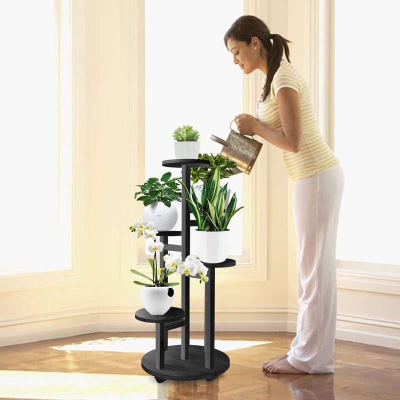 GEEBOBO 5 Tiered Tall Plant Stand for Indoor, Wood Plant Shelf Corner Display Rack, Multi-tier Planter Pot Holder Flower Stand for Living Room Balcony Garden Patio (Black) - Image 2